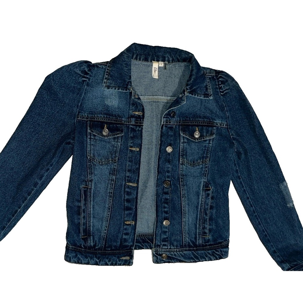 Women's Belted Back Jean Jacket Puff Sleeve Denim Fitted Small Distressed